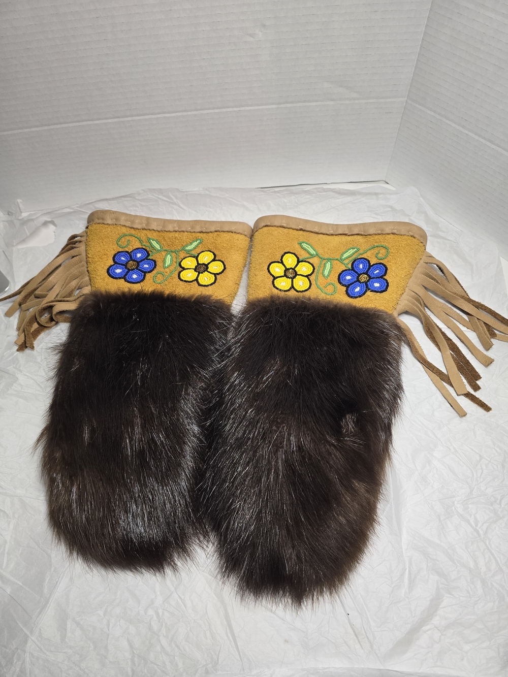 Handmade Mustard Yellow & Dark Brown Fur Beaded Gloves